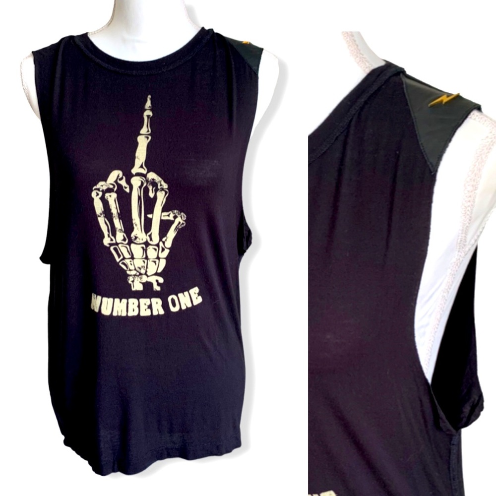 Black Graphic Tank Top — "Number One" Skeleton Hand